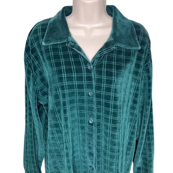 Vintage Womens Green Velet Velour Button Up Long Sleeve Top u Flaw Size Medium - Picture 2 of 8